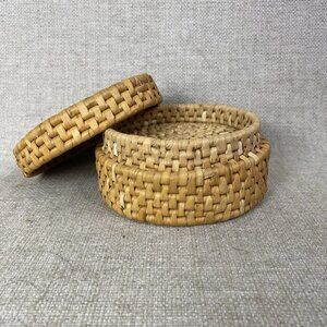 Wicker Rattan Coaster Set of 4 with Storage Boho Basketweave